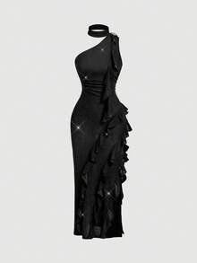 SHEIN MOD 女士纯色拼接荷叶边无袖修身长裙 - 黑色 - 查看 4