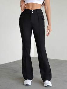 SHEIN Tall Y2k Flap Pocket Side Boot-Cut Leg Pants - Black - View 3