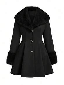 Lyrianda معطف صوفي مقاس كبير للنساء مع طوق من الفرو الاصطناعي ومرقع الخصر - الأسود - مشاهدة 1