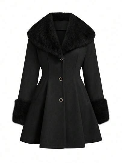 Lyrianda 大码女式仿毛皮领拼接腰部羊毛大衣