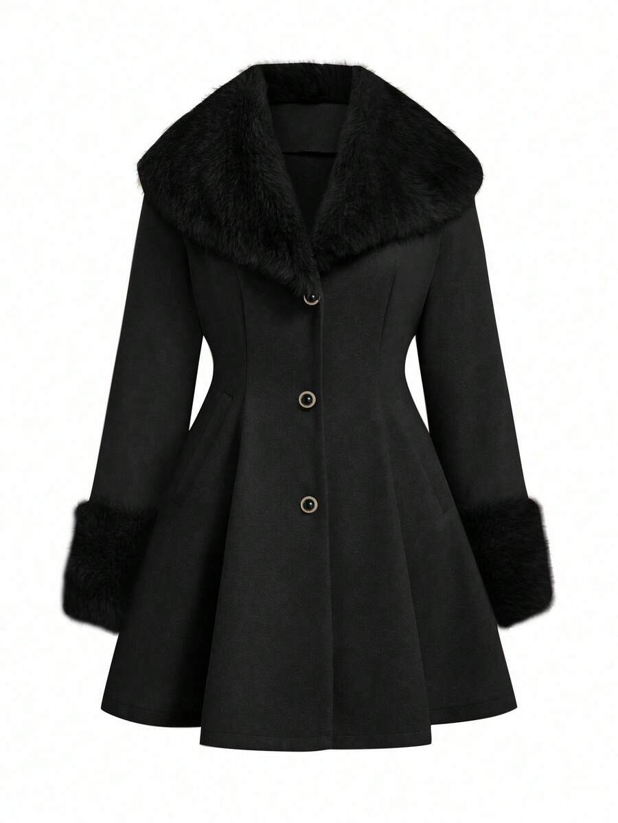 Lyrianda معطف صوفي مقاس كبير للنساء مع طوق من الفرو الاصطناعي ومرقع الخصر - الأسود - مشاهدة 1