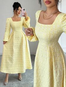 Rafferiza 女士时尚优雅方领纹理面料连衣裙 - 鵝黃色 - 查看 1