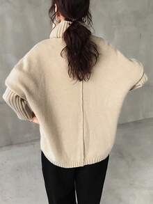 FRIFUL 女士高领纯色宽松长袖套头毛衣，优雅秋冬款 - 杏色 - 查看 3