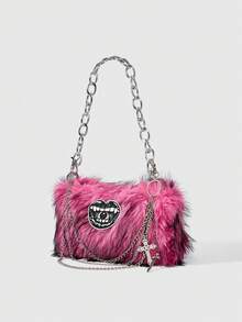 ROMWE Goth 1 Cute Button Plush Bag Handbag Autumn And Winter Niche Shoulder Armpit Bag Casual Handbag (Need To DIY, Including Material Package)