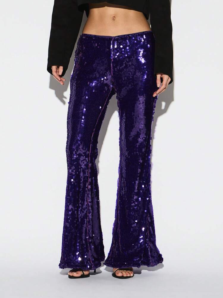 KIZN パープル ベルボトム ディスコ パーティー クラブ ナイトアウト スパークリー グリッター ローライズ スパンコール フレアパンツ