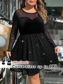 SHEIN CURVE+ 大码女式露肩宽松袖串珠黑色连衣裙 - 黑色 - 查看 1