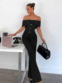 Siren Gaze Áo sơ mi nữ trễ vai cài nút kim loại phía trước, áo trễ vai thanh lịch - màu đen - Xem 4