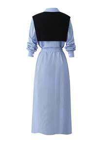 Franclia 休闲、通勤、度假百搭时尚新款蓝白条纹黑色独特披肩领休闲衬衫式系带中长连衣裙，女士休闲装 - 藍白色 - 查看 2