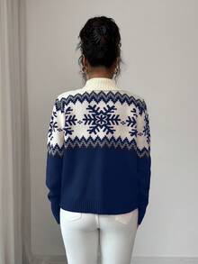 SHEIN Elenzya Áo len nữ thanh lịch, họa tiết Fair Isle, áo len khóa kéo nhiều màu, họa tiết Giáng sinh, áo len thu/đông - Màu xanh hải quân - Xem 2