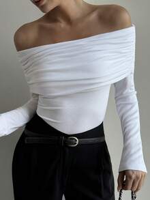 Livesso Camiseta de manga larga con cuello vuelto y hombros descubiertos para mujer, de ajuste ceñido, estilo casual de calle, adecuada para primavera, verano, otoño e invierno, para fiestas de moda - Blanco - Ver 7