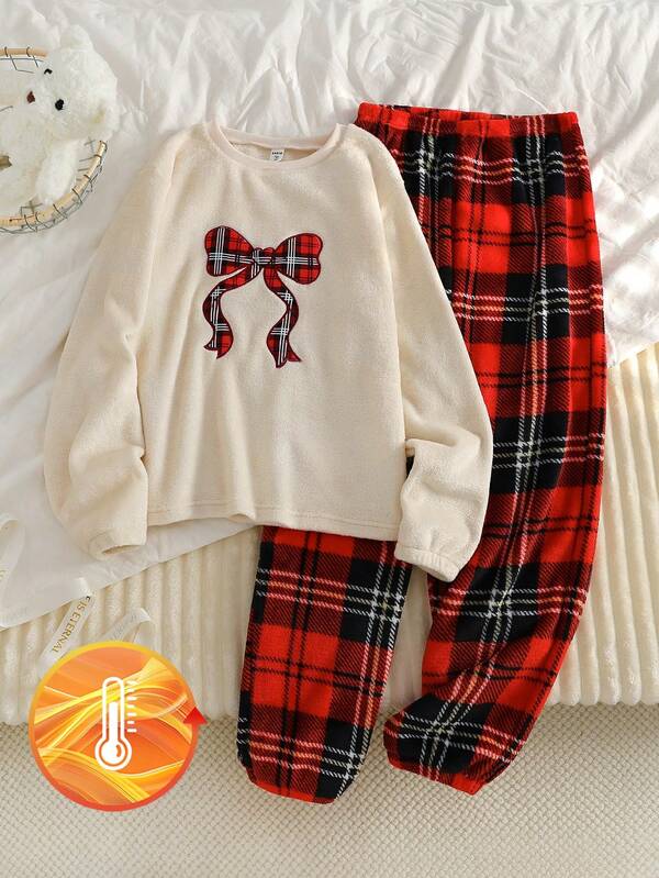 1 Set Teenage Girls Bow Decor Cream Long Sleeve Fluffy Sweater + Bow Embroidered Plaid Fleece Pajama Pants, Stretchy Knit Fabric, Machine Washable, Comfortable Fit Family Matching Outfits (1 Set Sold Separately),Teen Girls Outfit Sets &Pajamas  Comfortable Material Girl Clothings , Fall&Winter ,Best Christmas Gift For Family