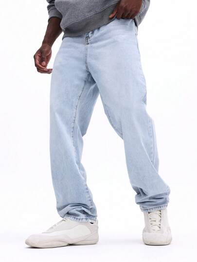  Jeans de corte recto con lavado claro SUMWON, estilo clásico de cinco bolsillos para uso casual diario, inspirados en el vintage, relajados, para hombres, lisos