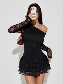 SHEIN PETITE Black Asymmetrical Neck Long Sleeve Ruffle Hem Bodycon Elegant Cute Mini Dress, Elegant Dress, Birthday Dress, Autumn/Winter Layering, Date Dress, Black Dress,Halloween Costumes,Christmas - Black - View 4