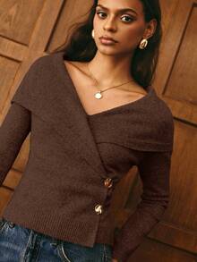 Poéselle Women's Elegant Solid Color Wrap Cardigan, Suitable For Commuting, Autumn/Winter Brown Tops For Women Brown Sweater Coffee Brown Top Dark Brown Top Chocolate Brown Top - Brown - View 7