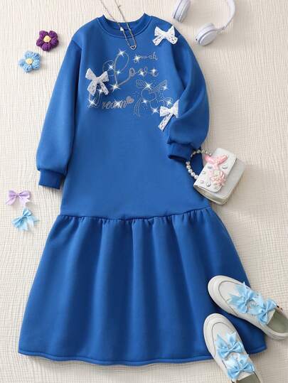 女童休闲长袖连衣裙，带水钻图案，蕾丝蝴蝶结装饰，适合散步、旅行、购物、度假，可搭配夹克、背心