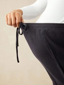 Boho Mama Maternity Pants For Women,Solid Color Plain Grey Drawstring Waist Wide Leg Flowy Casual Pants,Lounge Autumn Capri Pants With Pockets - Black - View 9