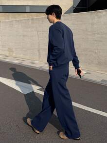 DAZY Men's Letter Print Thermal Lined Crew Neck Sweatshirt Set, Navy Blue, Autumn/Winter