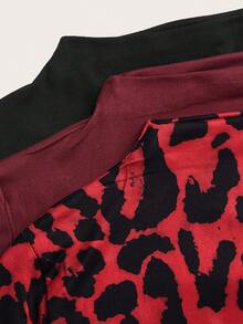 SHEIN LUNE 3pcs/Set Casual Solid Color & Leopard Print Tight Fit Base Layer T-Shirts, Autumn/Winter,Graphic Tees - Burgundy - View 9