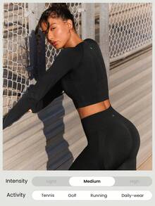 GLOWMODE Swift Seamless Cropped Length Long Sleeve Thumbholes Top Running Jogging Training Gym Workout - Black - View 8