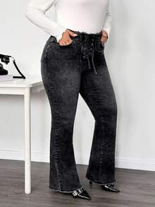 Truni Sometimesglam 大码女式喇叭牛仔裤，腰带设计，黑色弹力牛仔裤，适合梨形三角身材 - 黑色 - 查看 5