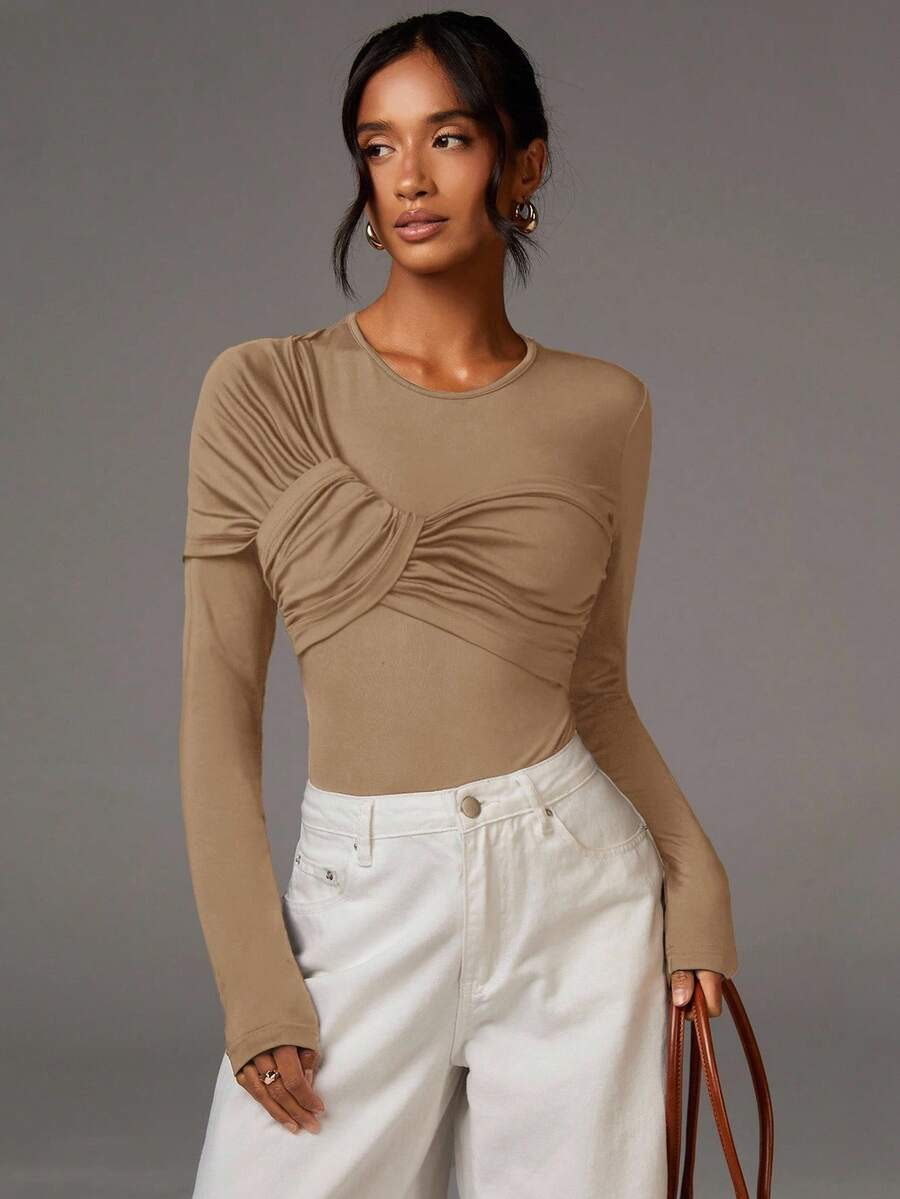 Athîral Women's Fashion Solid Color Round Neck Long Sleeve Bodysuit, Khaki Top, Twist Front Top, Tan Tops Women, Ruched Top - Camel - View 1