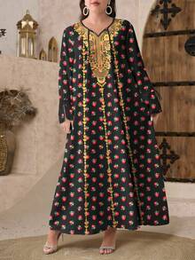 SHEIN Najma رمضان فستان طويل الأكمام أنيق بطبعات زهور وأوراق نباتية رقمية بياقة على شكل حرف V وربطة أمامية، بأسلوب عربي، مناسب للربيع، مقاسات كبيرة للسيدات - متعدد الألوان - مشاهدة 4