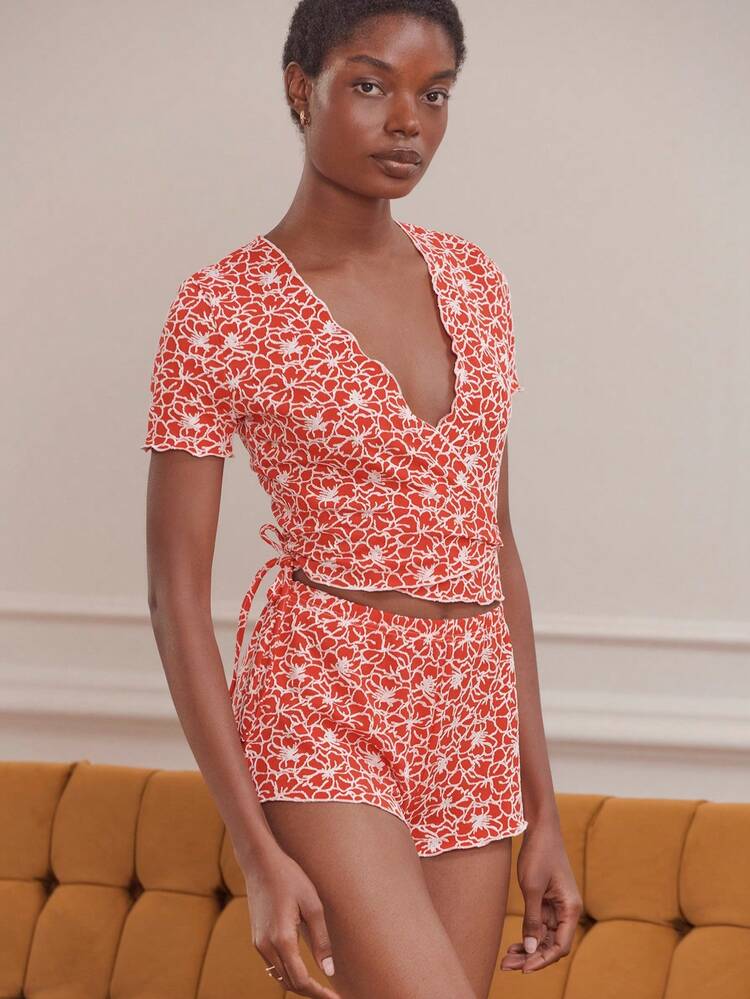 Red Floral Knit Set - Wrap Crop Top With Matching Shorts Soft And Comfy Loungewear Jacquard Sleepwear Set Red Pyjama Set  New Year