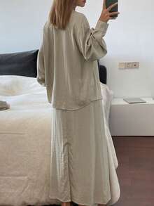 DAZY 女士日常时尚单排扣衬衫和半裙两件套 - 杏色 - 查看 6