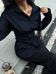 Siren Gaze 秋季优雅别致收腰衬衫，女士纯色落肩长袖前扣休闲衬衫，适合工作、办公室通勤、外出、商务休闲、日常、教师返校、派对等场合穿着，2025秋冬新款必备黑色衬衫，女士黑色工作上衣，黑色荷叶边衬衫，黑色西部风上衣，蓝色春季 - 藏蓝色 - 查看 4