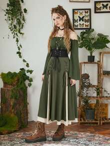 ROMWE Fairycore 女式文艺复兴简约前系带开衩裙，休闲假日