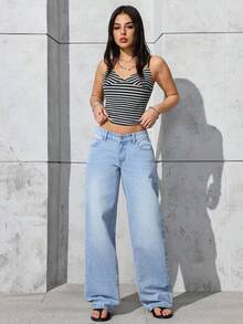 SHEIN PETITE 女士时尚休闲宽松阔腿牛仔裤 - 藍色 - 查看 6