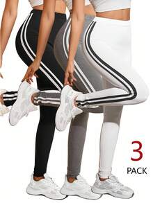 INAWLY Leggings casuales de cintura alta con rayas de contraste para mujer - Multicolor - Ver 1