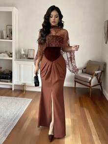 SHEIN Elenzya Khăn choàng ren nhung màu đỏ tía cổ điển dành cho nữ với viền đuôi cá chữ A, thích hợp mặc hàng ngày, đám cưới, dạ hội, đi làm, tiệc tốt nghiệp, ngày lễ, hẹn hò, tiệc tùng, Halloween, Giáng sinh, năm mới, lễ Tạ ơn - Váy dài vừa phải - màu nâu - Xem 4