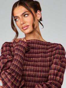 MISSGUIDED Burgundy Check Plaid Long Sleeve Blouse With Puff Sleeves And Smocked Detailing For Fall Winter Holiday Occasions - Multicolor - View 4