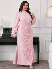 Modelyn Elegant Pink Plus Size Maxi Dress With Stand Collar And Puff Sleeves Embellished With Floral Applique For Women Fall - Pink - View 8