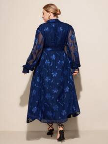SHEIN Unity French Style Cinching Waist Polo Collar Puff Sleeve Embroidered Casual & Work Wear Long Sleeve Dress - Navy Blue - View 6