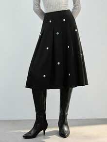 Maija Gonna a vita alta con design plissettato, versatile gonna a-line, gonna natalizia per donne, gonna per Capodanno, gonna nera per donna - nero - Visualizzare 6