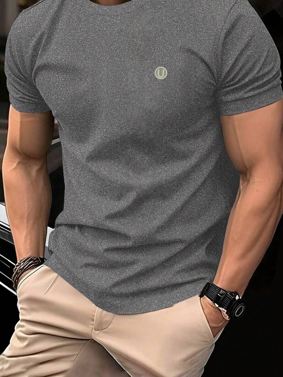 Manfinity Homme Áo thun nam cổ tròn tay ngắn ôm vừa vặn thoải mái - Xám - Xem 1