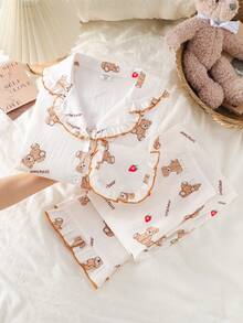 Girls' Sweet Cute Bear & Strawberry Print Ruffle Trim Long Sleeve Cardigan & Pants Set, Woven, Suitable For Spring, Autumn, All Seasons Cute Pajamas - Multicolor - View 5