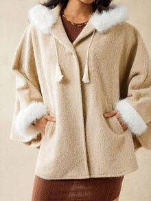 Boho Mama Pregnant Women's Casual Warm Patchwork Faux Fur Trim Hooded Loose Jacket, Winter  Women's Winter Coat