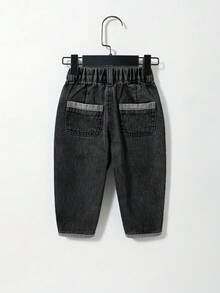 SHEIN Playful Pals Baby Boy Neutral Basic Cute Daily Casual Elastic Waist Contrast Hem & Flat Pocket Balloon Jeans - Black - View 2