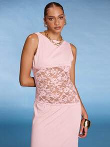 Normani Vestido maxi asimétrico de encaje transparente con corte en la cintura, vestido transparente sexy para vacaciones - Rosa coral - Ver 5