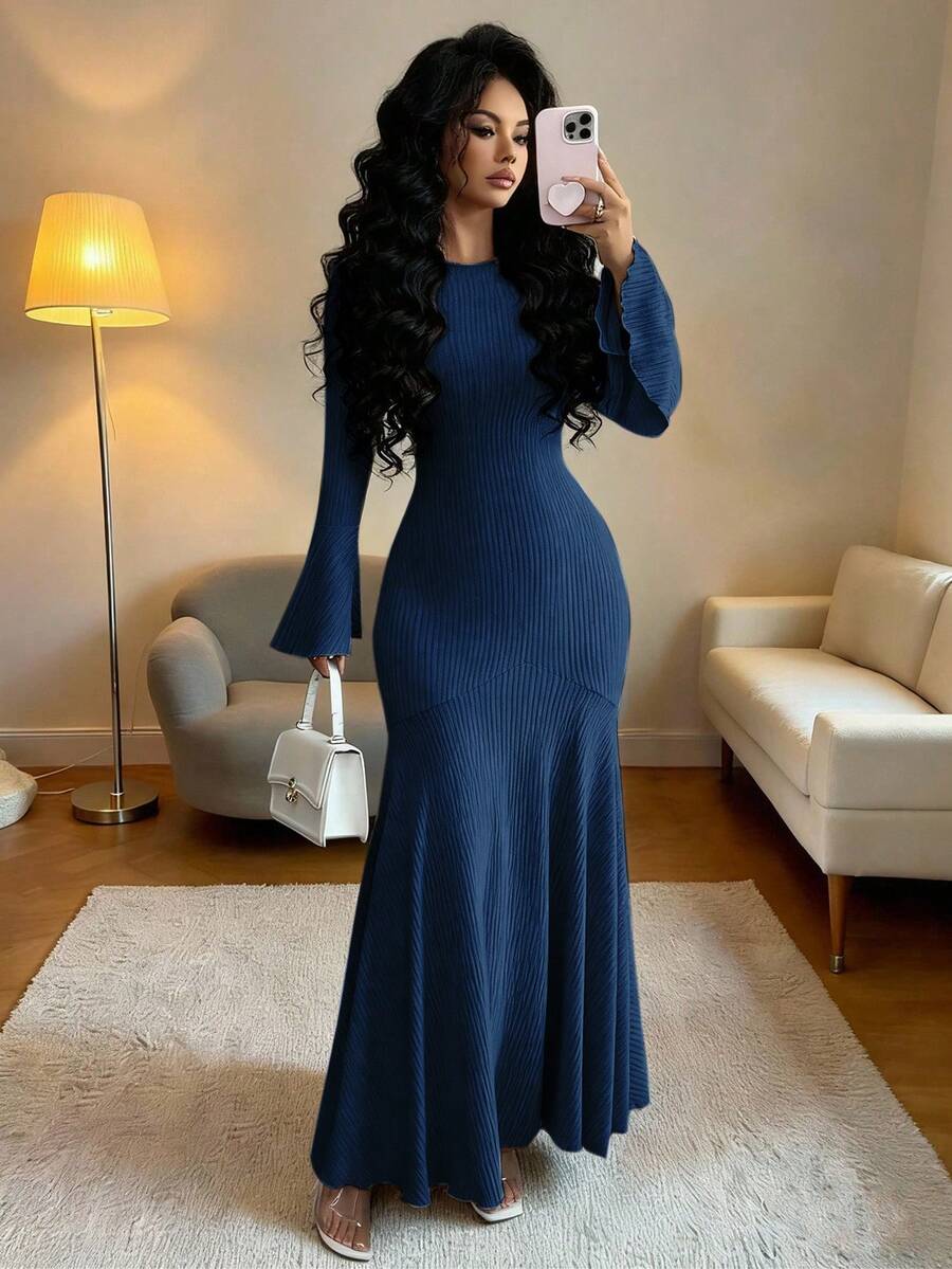 Elenzga Vestido elegante de mujer con volantes en las mangas, ajustado y con bajo de cola de sirena, para otoño/invierno - Azul Marino - Ver 1