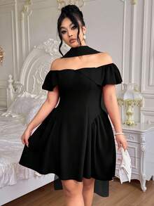 Roveilla 大码女士优雅浪漫露肩迷你连衣裙，配腰带，短款荷叶边圣诞连衣裙，收腰鸡尾酒会连衣裙，性感红色连衣裙，生日连衣裙，浪漫连衣裙 - 黑色 - 查看 4