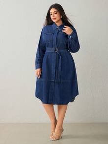 Selenza Plus Size Women's Fashion Denim Belted Dress Winter New Year - Dark Wash - View 5