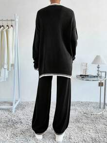 SHEIN LUNE 女士休闲日常通勤简约百搭撞色滚边落肩宽松针织衫和针织裤两件套，秋冬款 - 彩色 - 查看 2