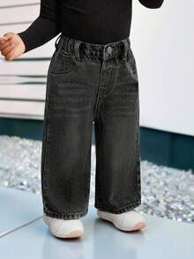 SHEIN Bubblio Quần jean ống đứng rộng rãi màu xanh cổ điển cho bé gái - Xám - Xem 5