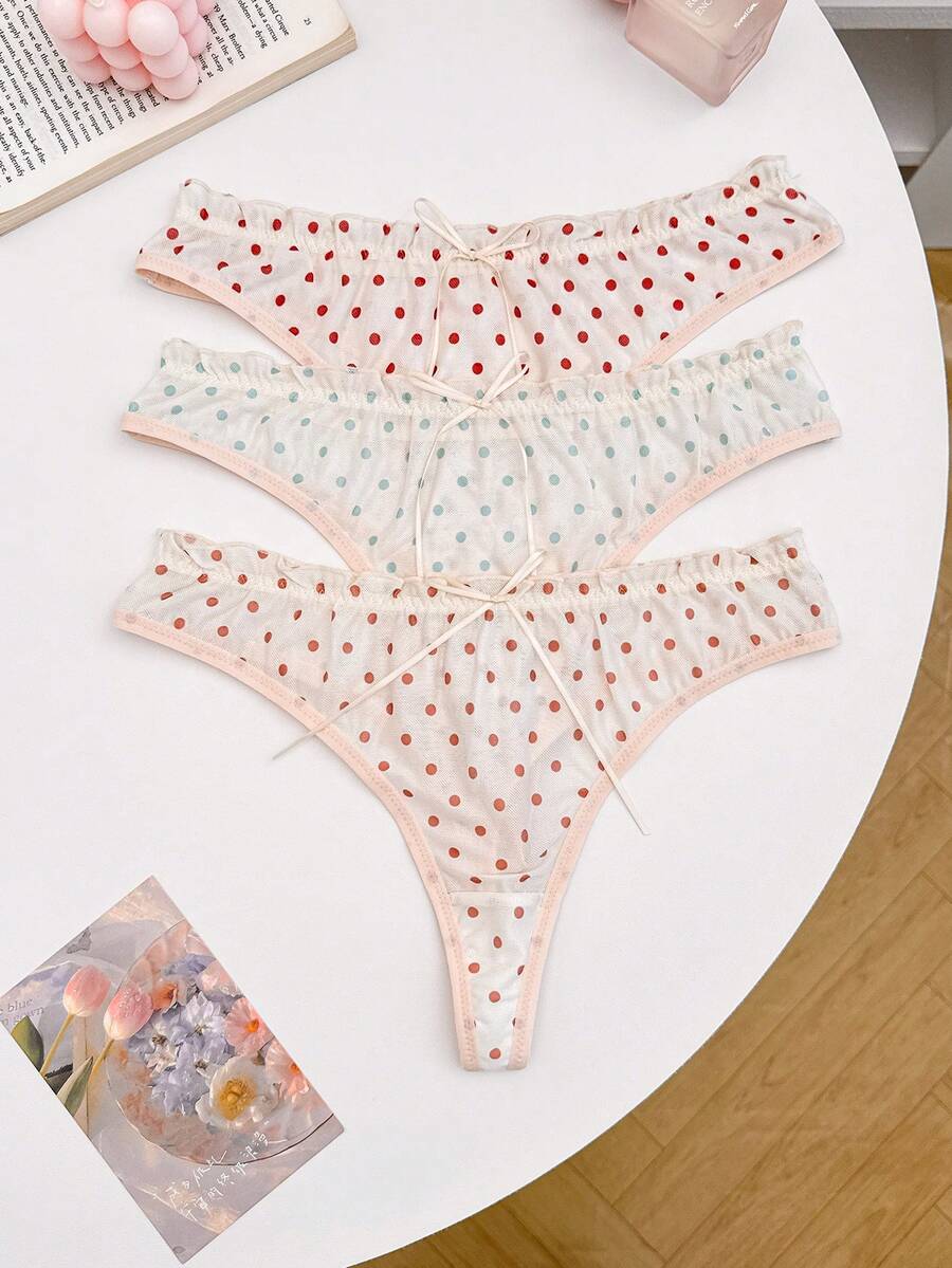 3pcs/Pack Women's Polka Dot Frill Trim Breathable Thong Panties Set - Multicolor - View 1