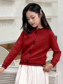 DAZY 少女休闲纽扣长袖开衫 - 紅色 - 查看 5