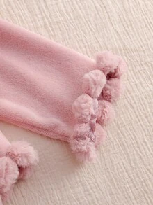 Genkimix Kids Winter Teen Girl  Casual Cute Pom Pom Trim Splice Fleece Long Sleeve Top And Pants 2 Pieces Pajama Set - Dusty Pink - View 9